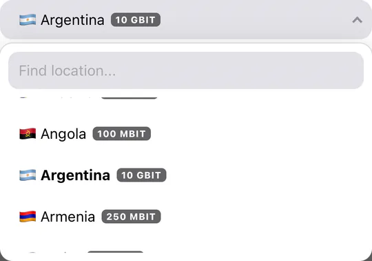 Change Location window: the country list is open on Argentina