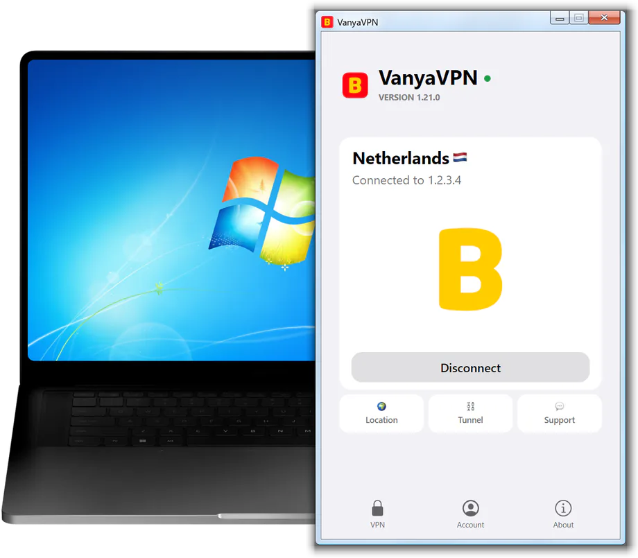 The VanyaVPN window on Windows 7: connected, location Netherlands